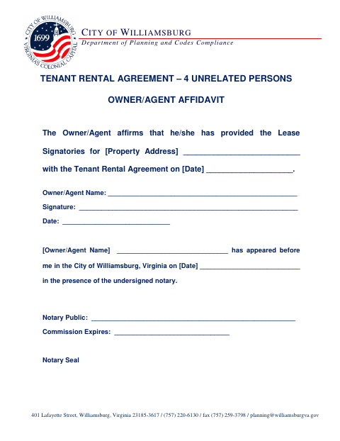 Tenant Rental Agreement Owner/Agent Affidavit, City of Williamsburg form, first page