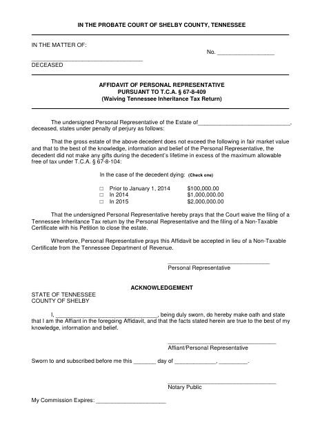 Affidavit of Personal Representative, Shelby County form, first page