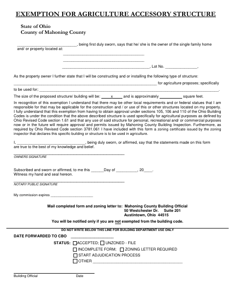 Exemption for Agriculture Accessory Structure, Mahoning County form, first page