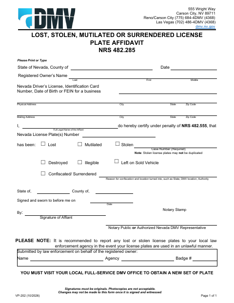 VP-202 Lost, Stolen, Mutilated or Surrendered License Plate Affidavit first page