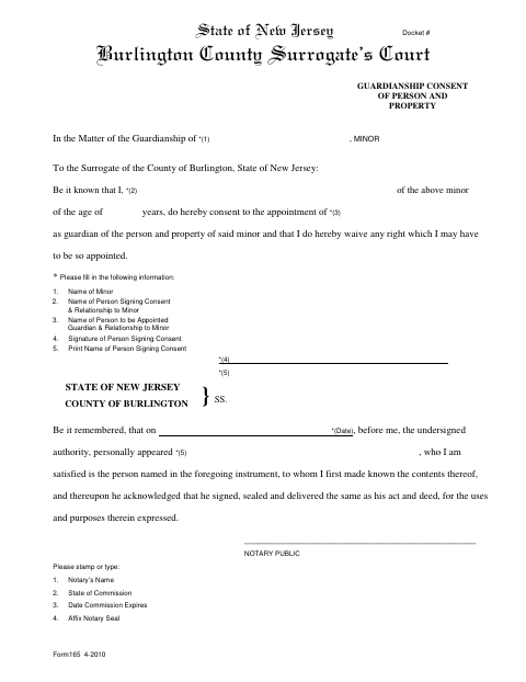 Guardianship Consent of Person and Property, Burlington County form, first page