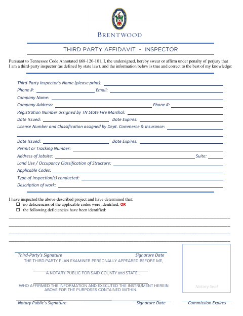 First page of the Third Party Affidavit – Inspector