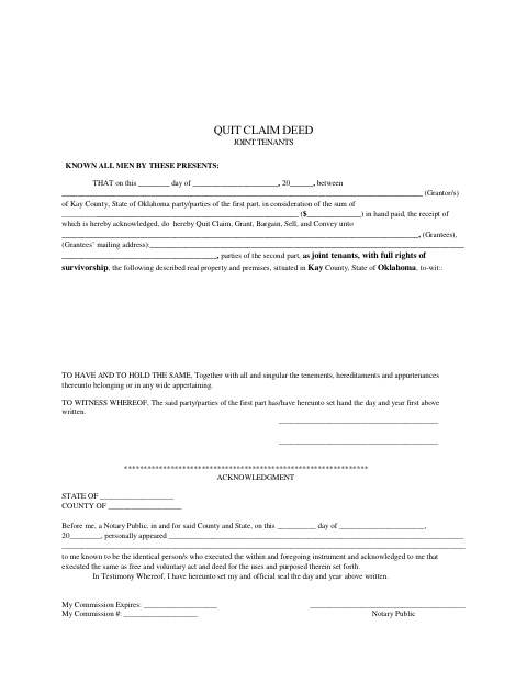 Quit Claim Deed Joint Tenants, Kay County form, first page