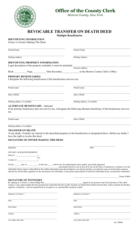 Revocable Transfer on Death Deed, Multiple Beneficiaries, Monroe County form, first page