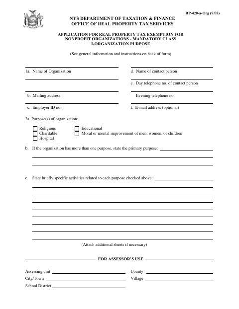 Real Property Tax Exemption Application for Nonprofit Organizations, Nassau County form, first page