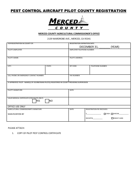 First page of the Pest Control Aircraft Pilot County Registration
