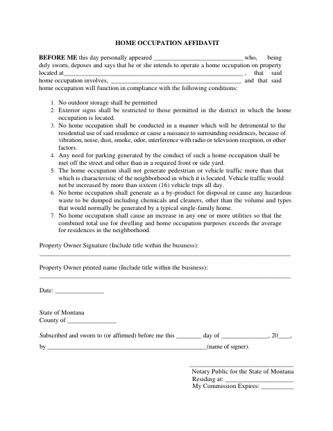 Home Occupation Affidavit, Flathead County form, first page