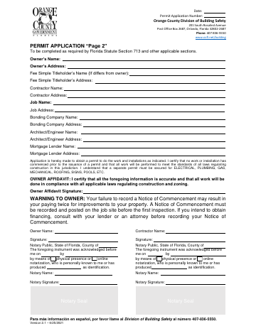 Permit Application “Page 2” — Orange County form, first page