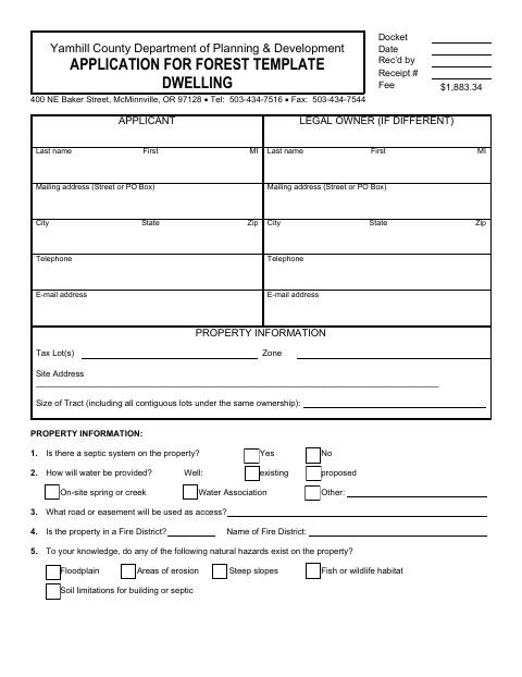 Forest Template Dwelling Application, Yamhill County form, first page
