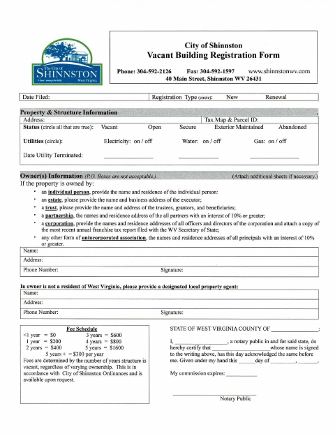 First page of the Vacant Building Registration Form