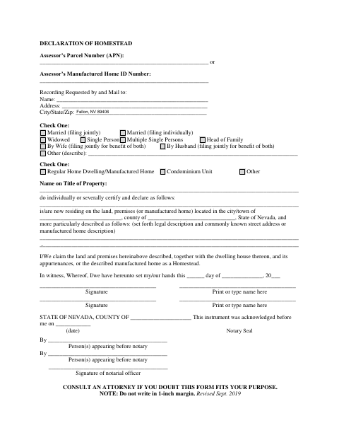 Declaration of Homestead, Churchill County form, first page