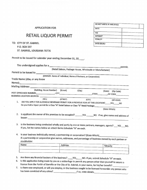 First page of the Retail Liquor Permit Application