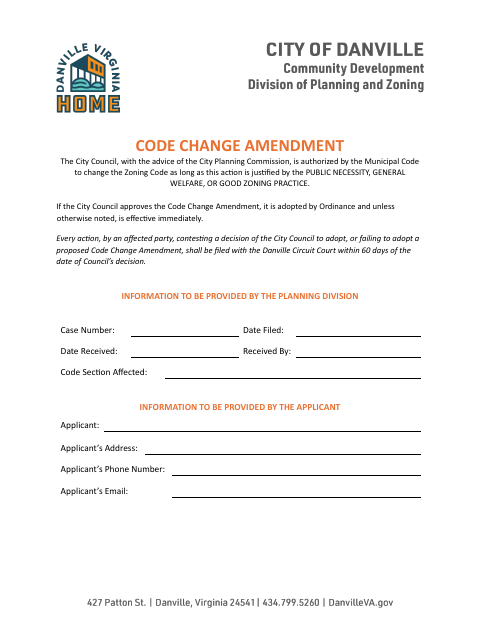 Code Change Amendment, City of Danville form, first page