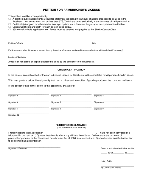 Petition for Pawnbroker’s License, Shelby County form, first page