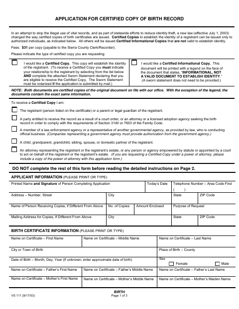Application for Certified Copy of a Birth Record, Sierra County form, first page