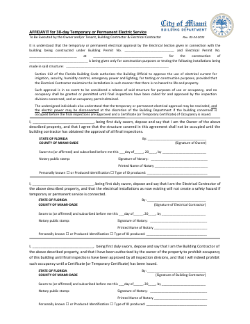 First page of the 30-Day Temporary or Permanent Electric Service Affidavit