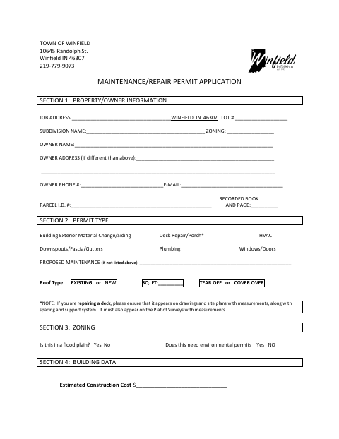 First page of the Maintenance/Repair Permit Application