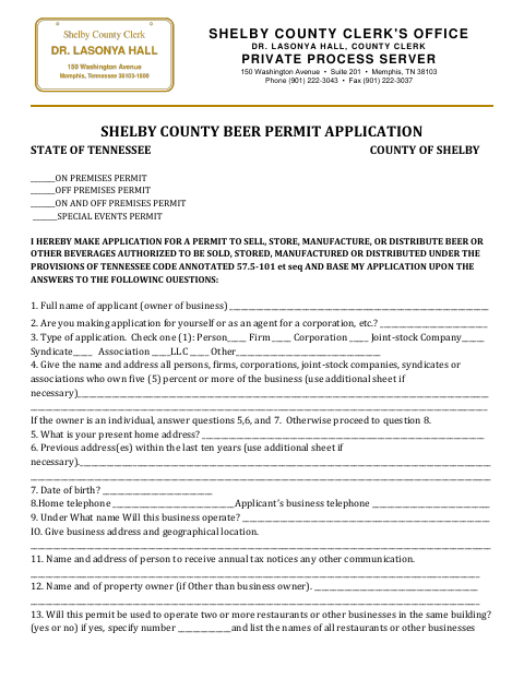 Beer Permit Application, Shelby County form, first page