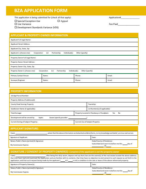 First page of the Board of Zoning Appeals Application