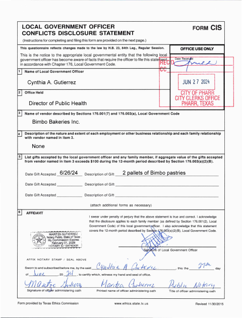 First page of the Local Government Officer CIS Conflicts Disclosure Statement
