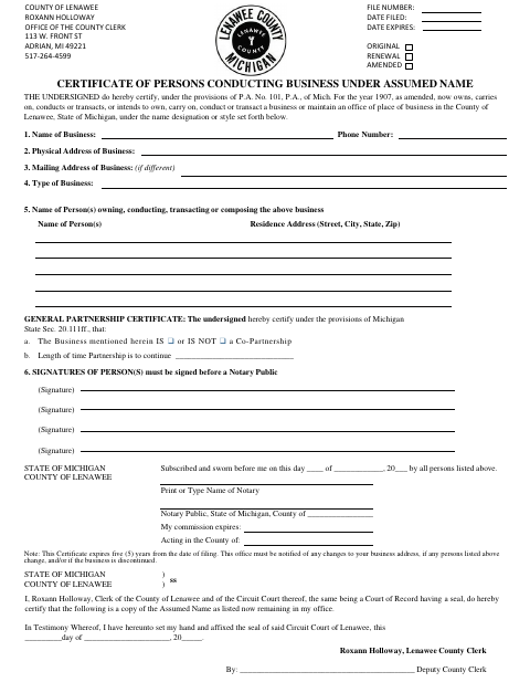 Certificate Of Persons Conducting Business Under Assumed Name, Lenawee County form, first page