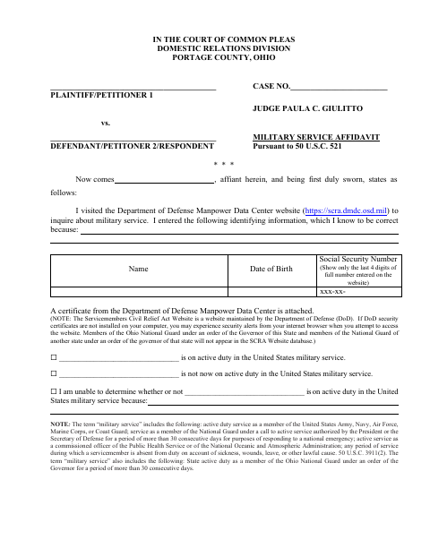 Military Service Affidavit, Portage County form, first page