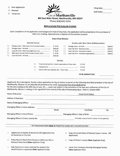 First page of the Liquor License Application