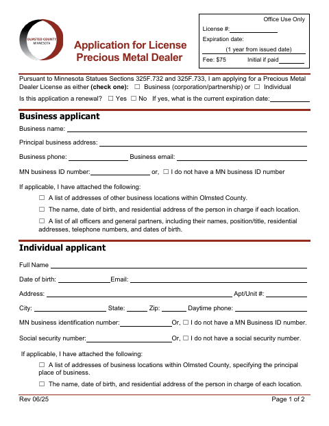 Precious Metal Dealer License Application, Olmsted County form, first page