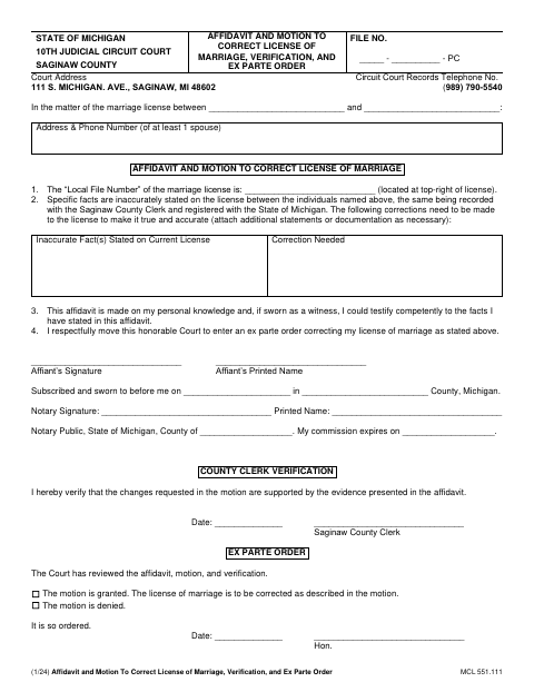 Affidavit and Motion to Correct Marriage License, Saginaw County form, first page
