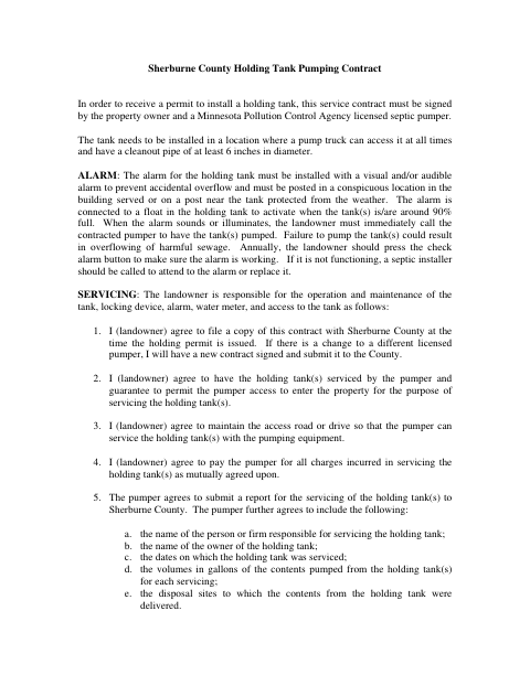 Holding Tank Pumping Contract, Sherburne County form, first page