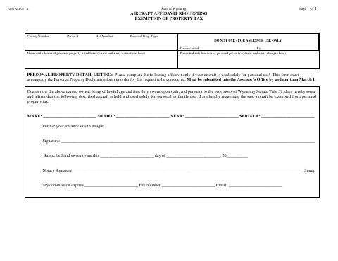 Aircraft Affidavit Requesting Exemption Of Property Tax, Goshen County form, first page