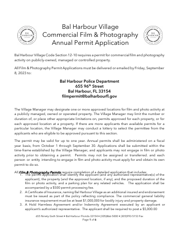 First page of the Commercial Film & Photography Permit Application
