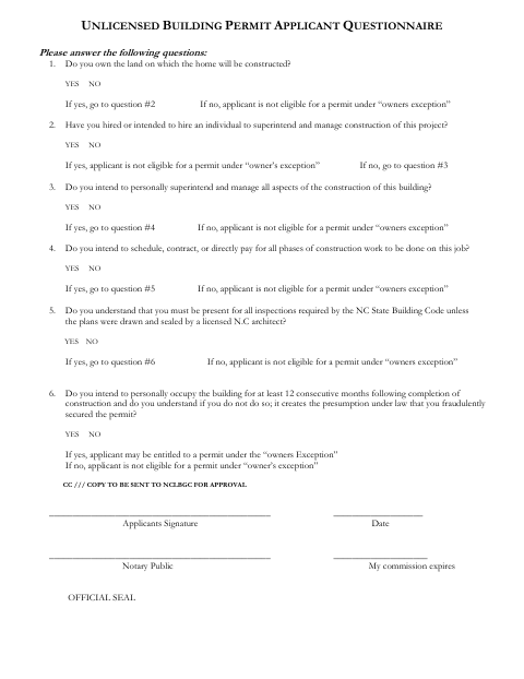 Unlicensed Building Permit Applicant Questionnaire, Macon County form, first page