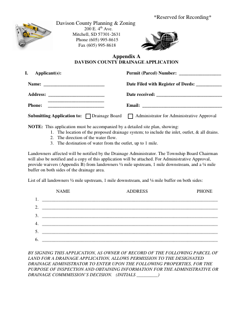 Drainage Application, Davison County form, first page