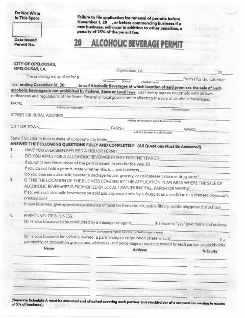 First page of the Alcoholic Beverage Permit Application