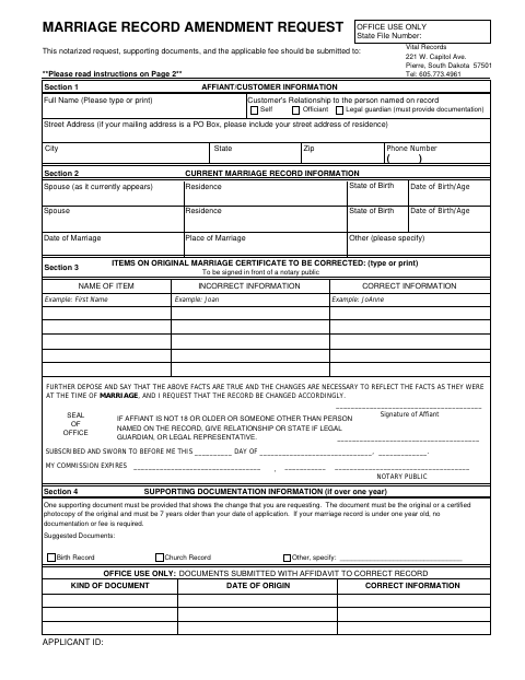 Marriage Record Amendment Request first page