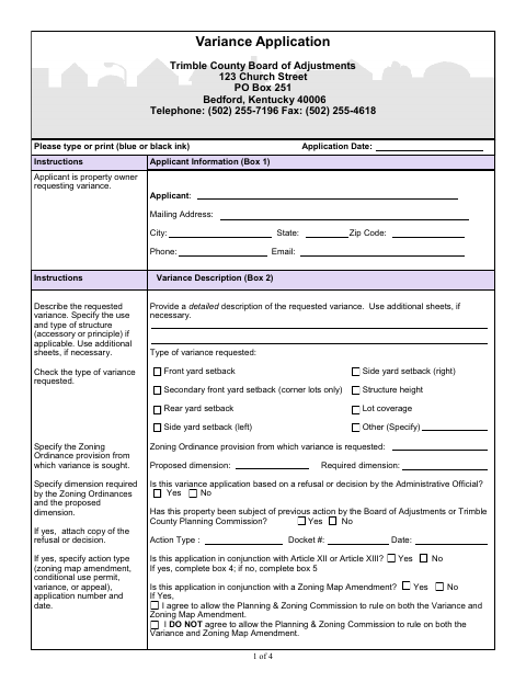 Variance Application, Trimble County form, first page