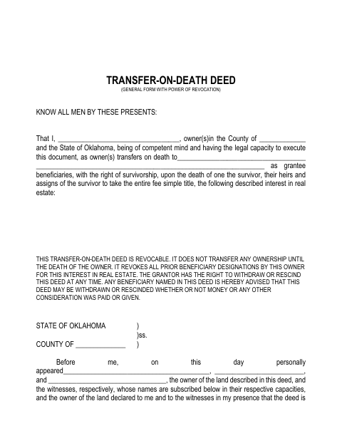 Transfer on Death Deed with Power of Revocation, Rogers County form, first page