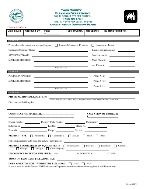 Application for Demolition Permit, Taos County form, first page