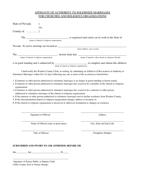 Affidavit of Authority to Solemnize Marriages, Washoe County form, first page