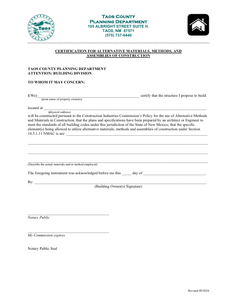 Certification for Alternative Materials, Methods, and Assemblies of Construction, Taos County form, first page