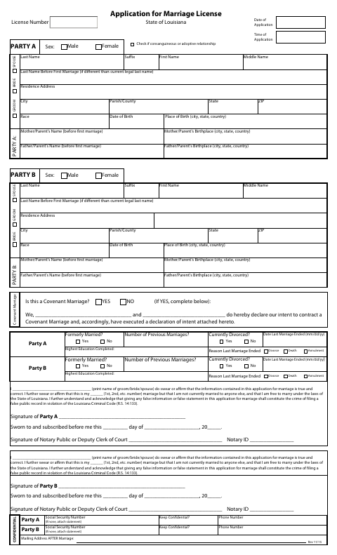 Application for Marriage License, Lincoln Parish form, first page