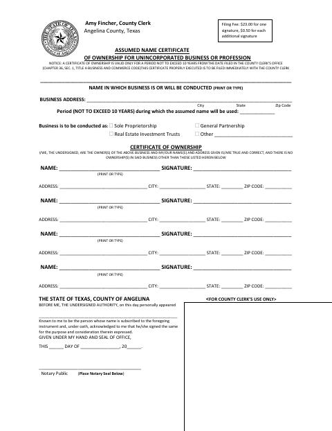 Assumed Name Certificate of Ownership for Unincorporated Business or Profession, Angelina County form, first page