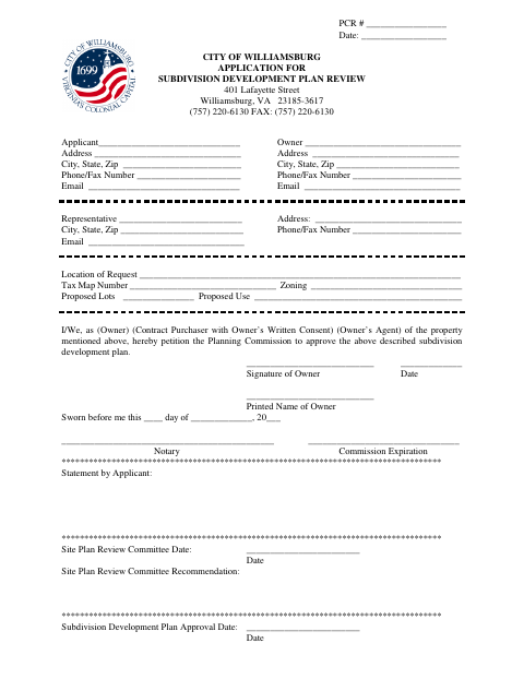 Application for Subdivision Development Plan Review, City of Williamsburg form, first page