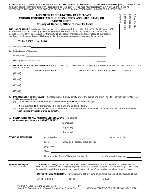 Business Registration Certificate, Oceana County form, first page