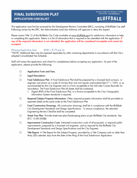 First page of the Final Subdivision Plat Application