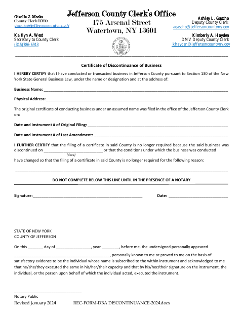 Certificate of Discontinuance of Business, Jefferson County form, first page