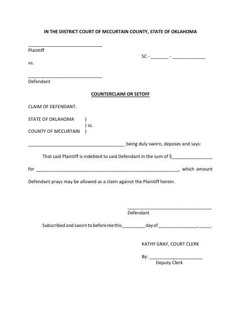 Counterclaim or Setoff Claim of Defendant, McCurtain County form, first page