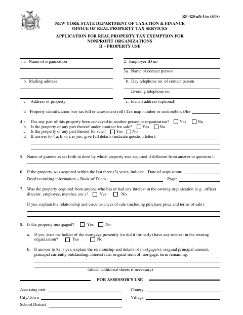 Nonprofit Organization Property Tax Exemption Application: Property Use, Nassau County form, first page