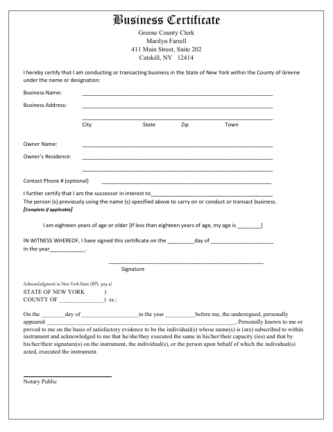 Business Certificate, Greene County form, first page